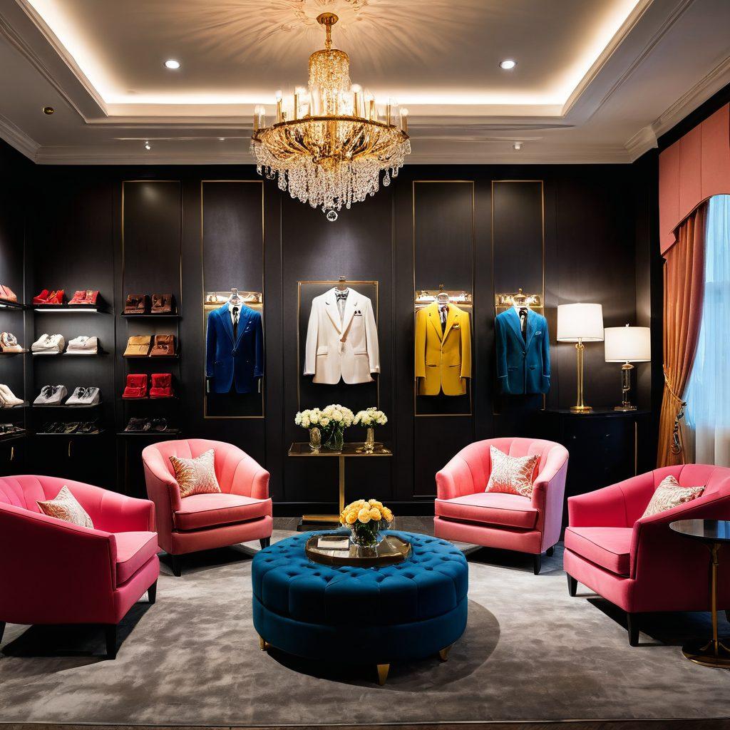 A stylish and elegant boutique interior showcasing a range of bespoke formal wear and rental outfits, featuring rich fabrics and luxurious textures. Include a tailor's workstation with measuring tapes, fabrics, and a mannequin dressed in a custom suit. Soft, warm lighting highlighting the opulence and attention to detail. A chic lounge area with plush seating invites clients to relax. super-realistic. vibrant colors. sophisticated ambiance.