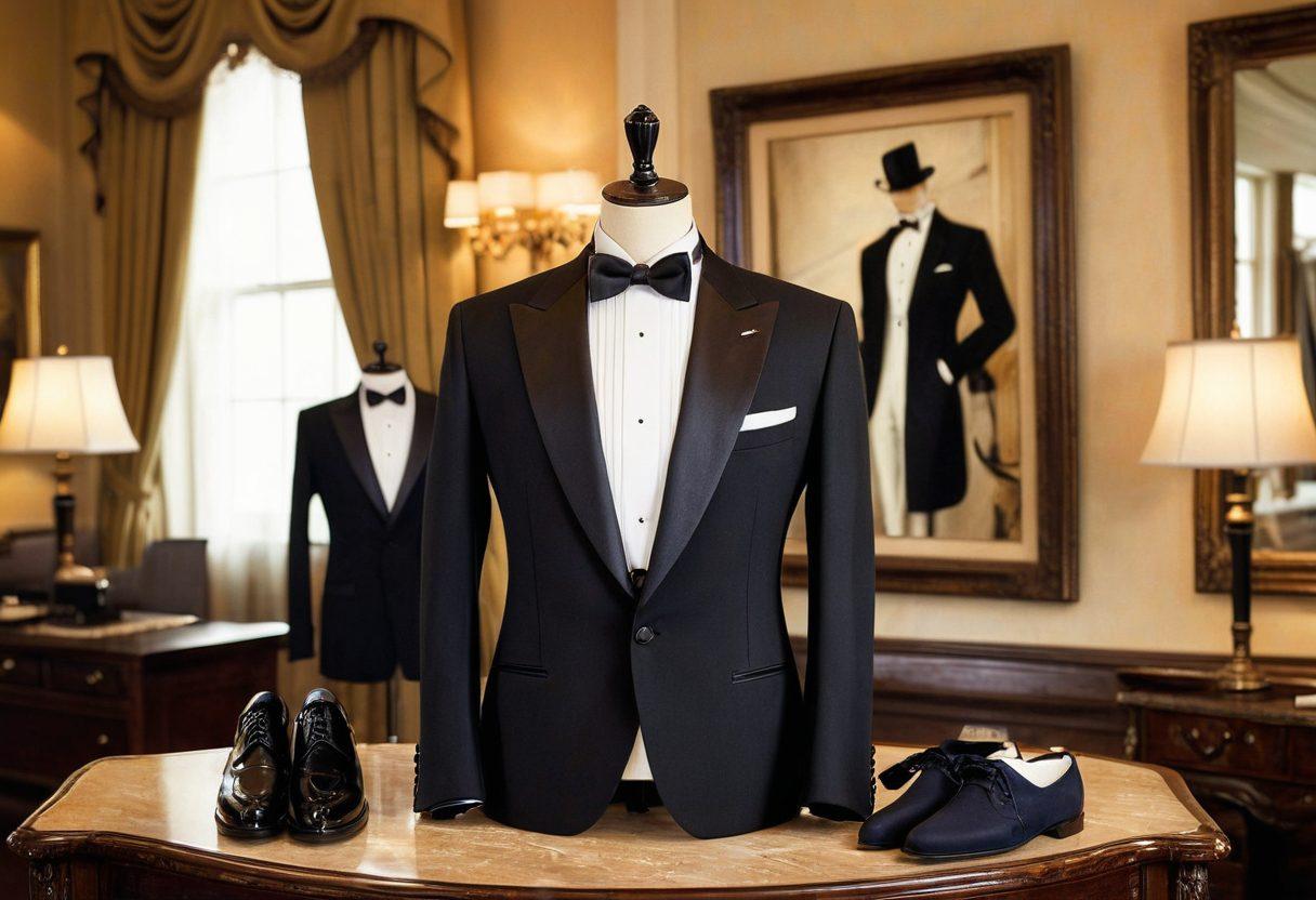 An elegant tuxedo tailor shop with a skilled tailor carefully measuring a dapper gentleman, surrounded by luxurious fabrics and various tuxedo styles. A soft light filters through vintage windows, highlighting intricate details of the garments, while a framed picture of a classic tuxedo event hangs on the wall. Optionally, add a decorative mannequin wearing a tuxedo in the background. super-realistic. vintage style. warm colors. soft lighting.