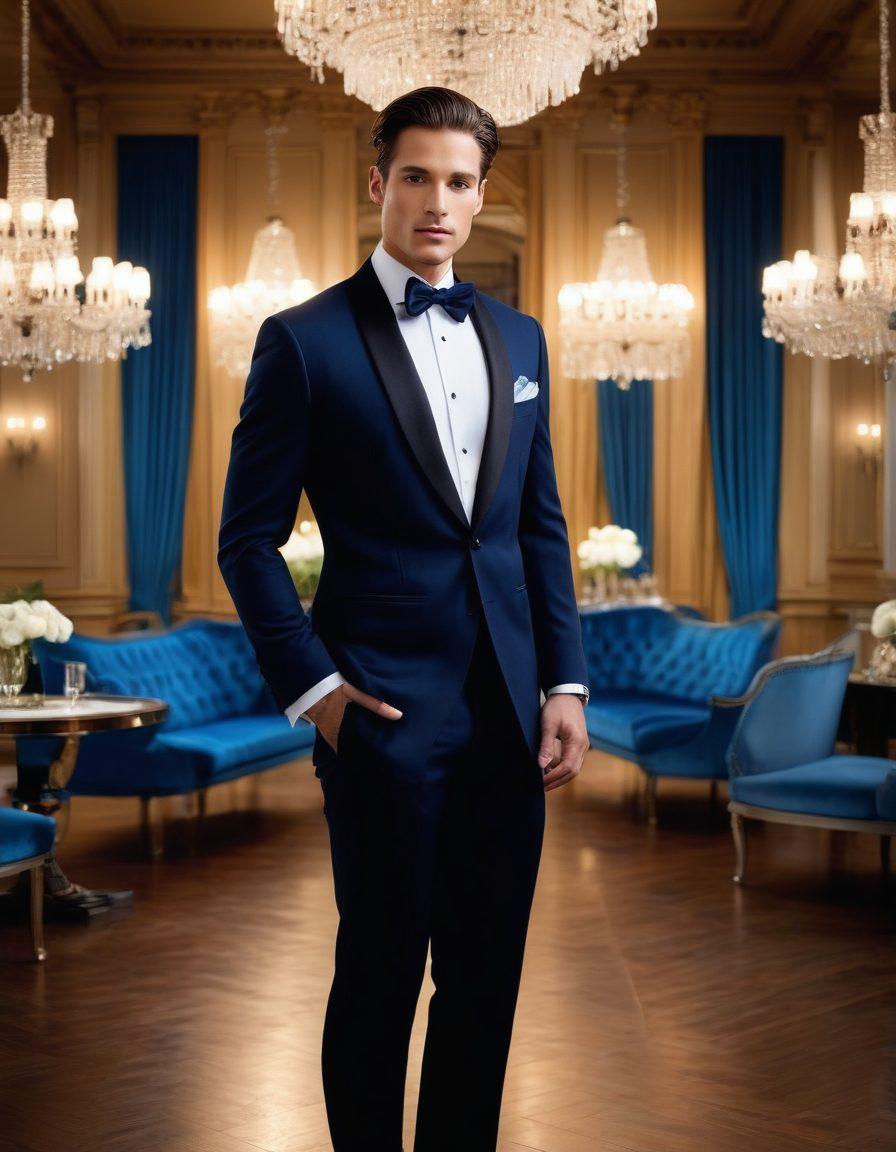 A stylish man in a perfectly tailored tuxedo standing confidently in front of a luxurious venue, showcasing different tuxedo styles with dapper accessories like bow ties and pocket squares. The background features elegant chandeliers and soft lighting to evoke a sense of sophistication. Include a color palette of deep blues and silvers to enhance elegance. super-realistic. vibrant colors. luxurious setting.
